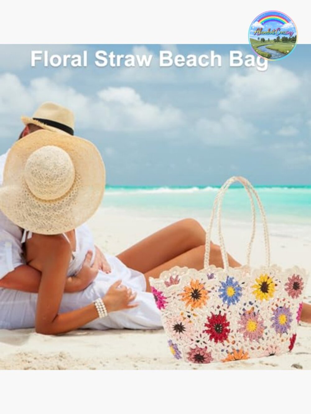 Large Floral Straw Tote Beach Bag Woven Handbag Summer Vacation - Picture 5 of 7